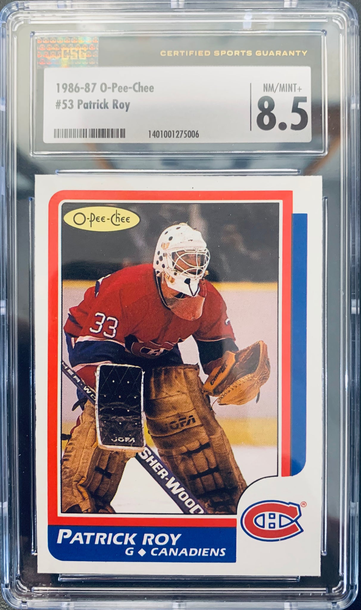 1986-87 O-PEE-CHEE HOCKEY #53 MONTREAL CANADIENS - PATRICK ROY ROOKIE CARD GRADED CSG 8.5 NM/MINT+