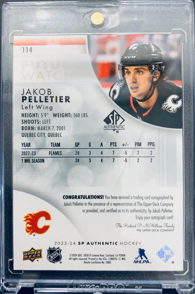 2023-24 UD SP AUTHENTIC HOCKEY #114 CALGARY FLAMES - JAKOB PELLETIER "INSCRIBED" FUTURE WATCH AUTO ROOKIE #D 029/999