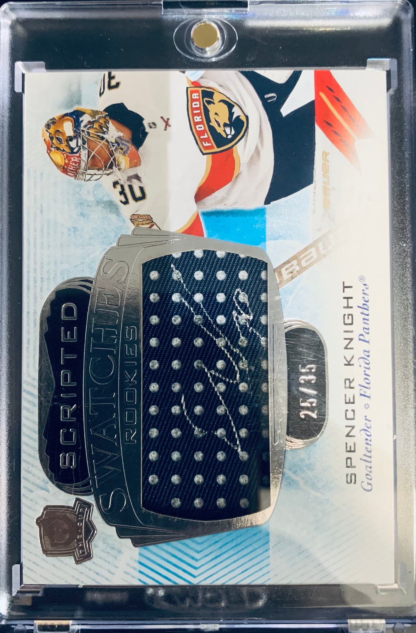 2021-22 UPPER DECK THE CUP HOCKEY #SS-SK FLORIDA PANTHERS - SPENCER KNIGHT SCRIPTED SWATCHES ROOKIE AUTO #D 25/35