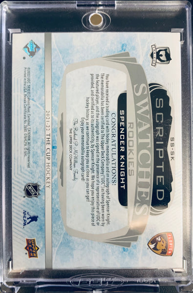 2021-22 UPPER DECK THE CUP HOCKEY #SS-SK FLORIDA PANTHERS - SPENCER KNIGHT SCRIPTED SWATCHES ROOKIE AUTO #D 25/35