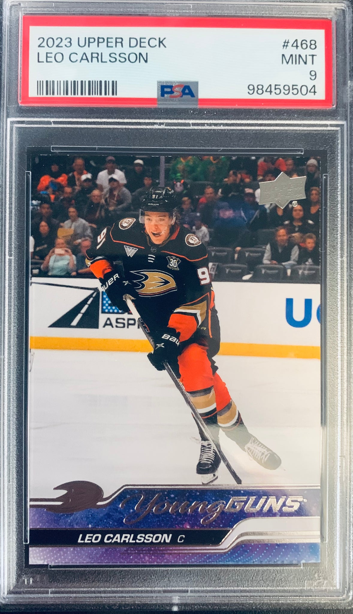 2023-24 UPPER DECK HOCKEY #468 ANAHEIM DUCKS - LEO CARLSSON YOUNG GUNS GRADED PSA 9 MINT