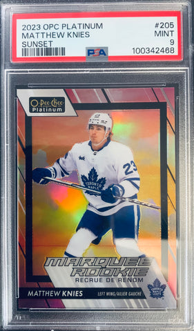 2023-24 UD OPC PLATINUM HOCKEY #205 TORONTO MAPLE LEAFS - MATTHEW KNIES MARQUEE ROOKIE SUNSET PARALLEL GRADED PSA 9 MINT