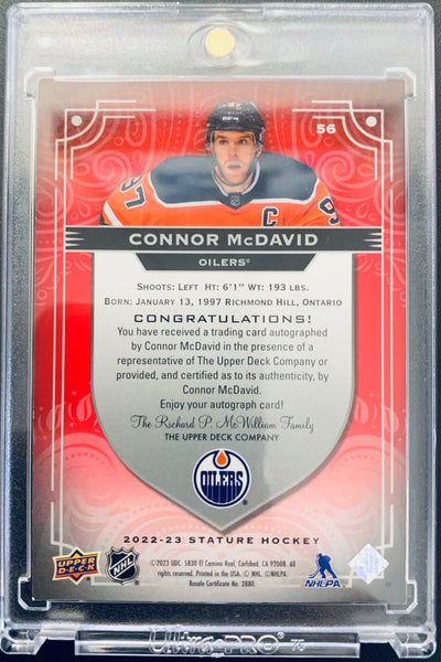 2022-23 UPPER DECK STATURE HOCKEY #56 EDMONTON OILERS - CONNOR MCDAVID RED VARIANT AUTO #D 23/25