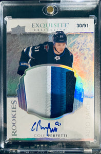 2021-22 UD EXQUISITE COLLECTION HOCKEY #EC-CP WINNIPEG JETS - COLE PERFETTI EXQUISITE ROOKIE AUTO PATCH #D 30/91