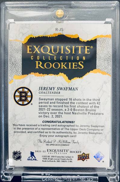 2021-22 UPPER DECK EXQUISITE COLLECTION HOCKEY #R-JS BOSTON BRUINS - JEREMY SWAYMAN ROOKIE AUTOGRAPH #D 08/25