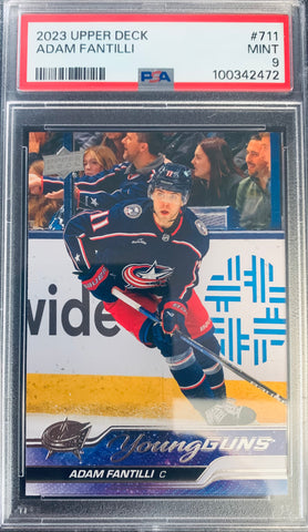 2023-24 UPPER DECK HOCKEY #711 COLUMBUS BLUE JACKETS  - ADAM FANTILLI YOUNG GUNS ROOKIE GRADED PSA 9 MINT