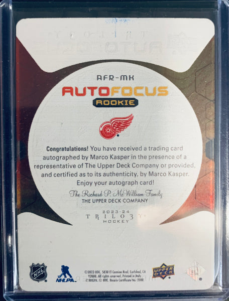 2023-24 UPPER DECK TRILOGY HOCKEY #AFR-MK DETROIT RED WINGS - MARCO KASPER AUTO FOCUS ACETATE ROOKIE AUTOGRAPH