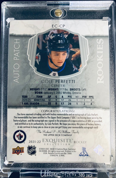 2021-22 UD EXQUISITE COLLECTION HOCKEY #EC-CP WINNIPEG JETS - COLE PERFETTI EXQUISITE ROOKIE AUTO PATCH #D 30/91