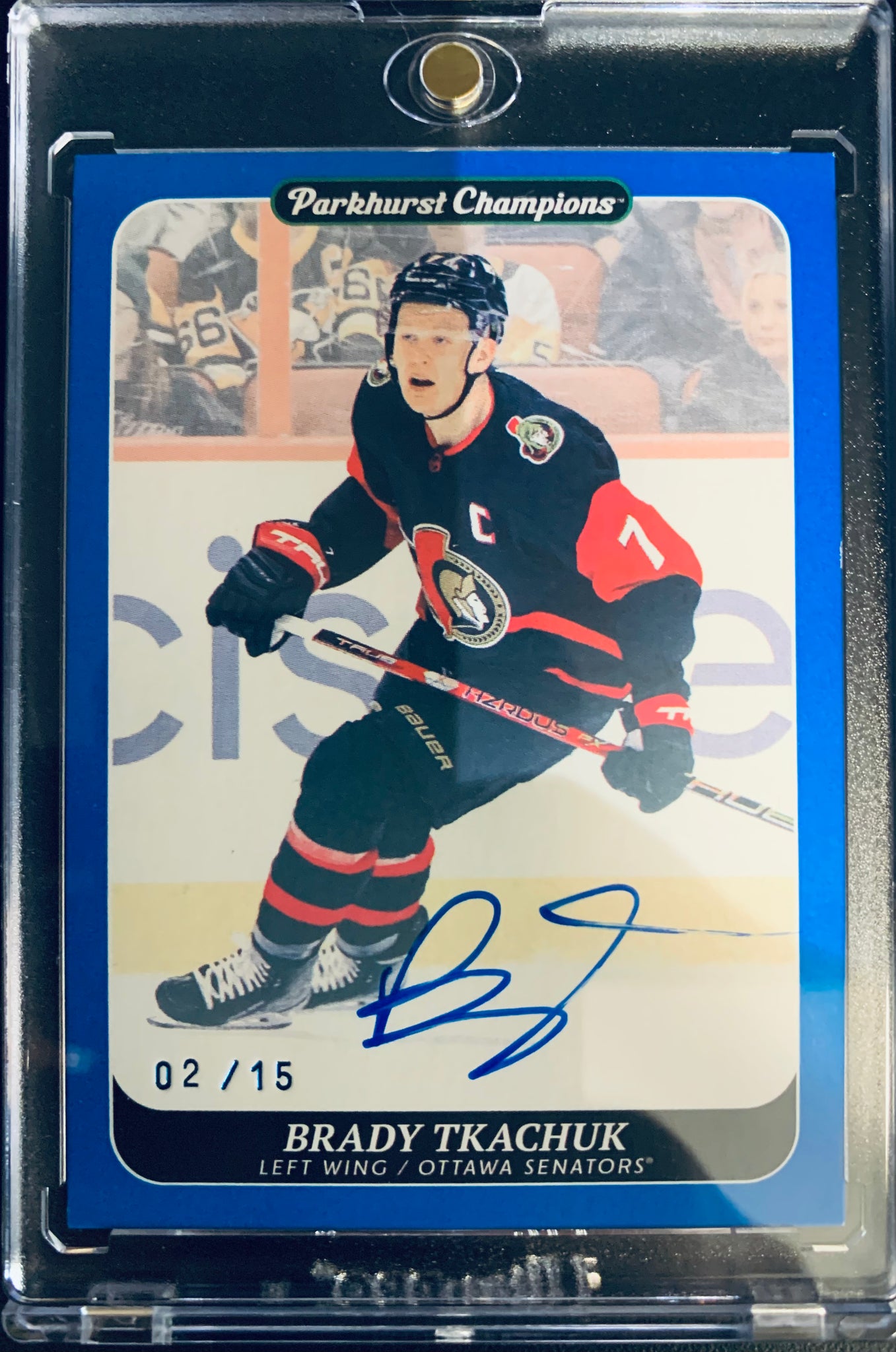 2023-24 UD PARKHURST HOCKEY #71 OTTAWA SENATORS - BRADY TKACHUK BLUE VARIANT AUTOGRAPH #D 02/15