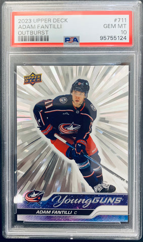 2023-24 UPPER DECK HOCKEY #711 COLUMBUS BLUE JACKETS  - ADAM FANTILLI SILVER OUTBURST YOUNG GUNS ROOKIE GRADED PSA 10