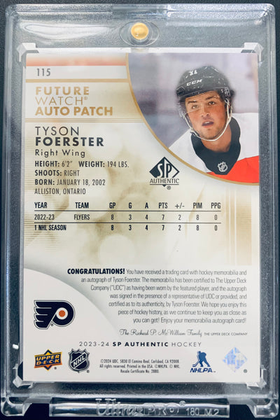 2023-24 UD SP AUTHENTIC HOCKEY #115 PHILADELPHIA FLYERS - TYSON FOERSTER FUTURE WATCH AUTO PATCH #D 044/100