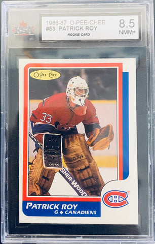 1986-87 O-PEE-CHEE HOCKEY #53 MONTREAL CANADIENS - PATRICK ROY ROOKIE CARD GRADED KSA 8.5 NMM+