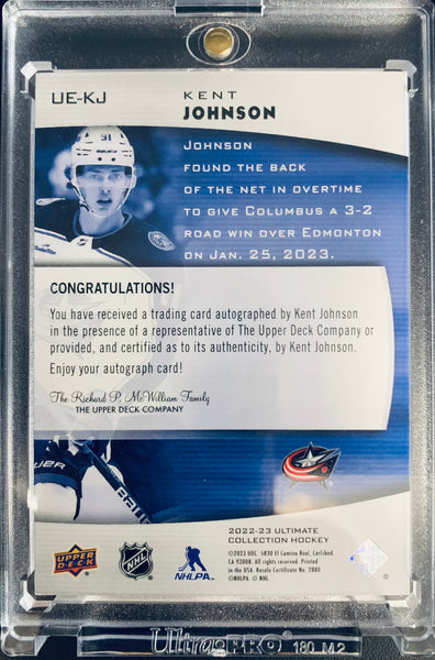 2022-23 UD ULTIMATE HOCKEY #UE-KJ COLUMBUS BLUE JACKETS - KENT JOHNSON ULTIMATE ROOKIES AUTOGRAPH GOLD INK