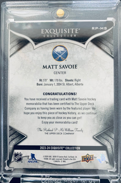 2023-24 UPPER DECK EXQUISITE HOCKEY #RP-MS BUFFALO SABRES - MATT SAVOIE EXQUISITE ROOKIE PATCH #D 19/25