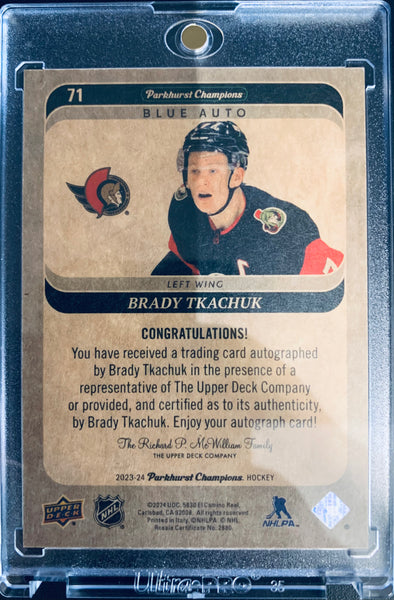 2023-24 UD PARKHURST HOCKEY #71 OTTAWA SENATORS - BRADY TKACHUK BLUE VARIANT AUTOGRAPH #D 02/15