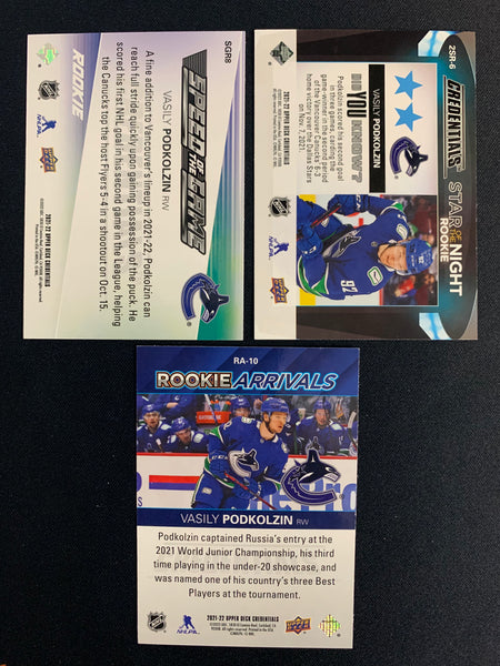 2021-22 UD CREDENTIALS HOCKEY VANCOUVER CANUCKS - VASILY PODKOLZIN ROOKIE LOT OF 3