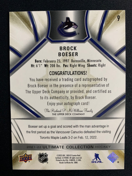 2021-22 UD ULTIMATE HOCKEY #9 VANCOUVER CANUCKS - BROCK BOESER AUTOGRAPH NUMBERED 20/35