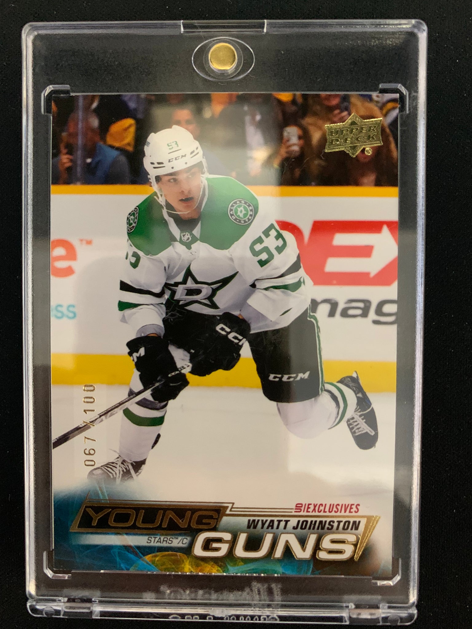 2022-23 UPPER DECK HOCKEY #459 DALLAS STARS  -WYATT JOHNSTON UD EXCLUSIVES YOUNG GUNS ROOKIE 067/100