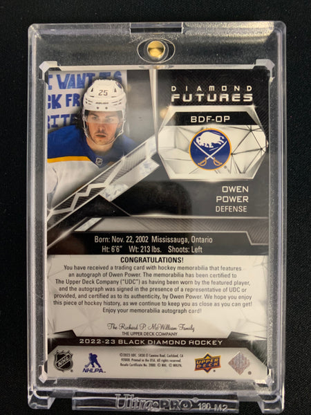 2022-23 UD BLACK DIAMOND HOCKEY #BDF-OP BUFFALO SABRES - OWEN POWER BLACK DIAMOND FUTURES ROOKIE PATCH AUTO #'D 21/25