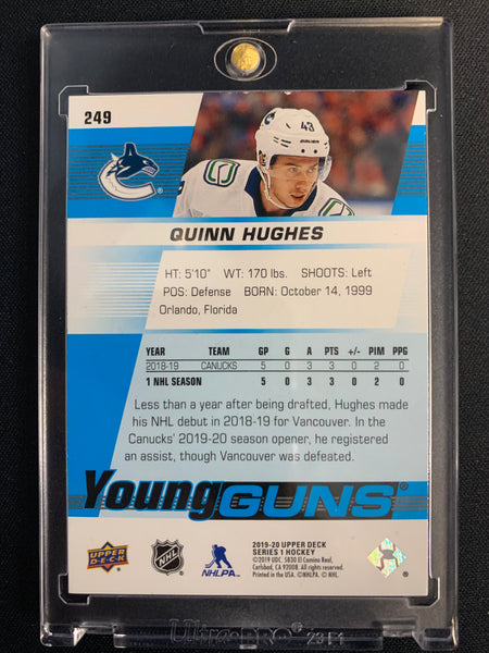 2019-20 UPPER DECK HOCKEY #249 VANCOUVER CANUCKS - QUINN HUGHES YOUNG GUNS ROOKIE CARD