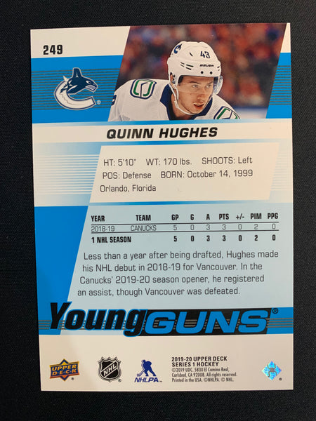 2019-20 UPPER DECK HOCKEY #249 VANCOUVER CANUCKS - QUINN HUGHES JUMBO YOUNG GUNS ROOKIE CARD