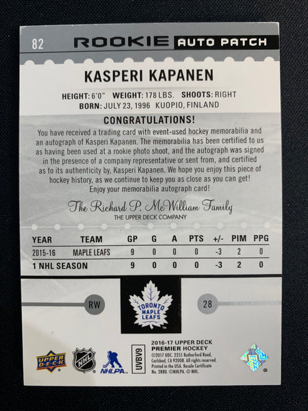 2016-17 UPPER DECK PREMIER HOCKEY #82 TORONTO MAPLE LEAFS - KASPERI KAPANEN ROOKIE AUTO PATCH #'D 260/299