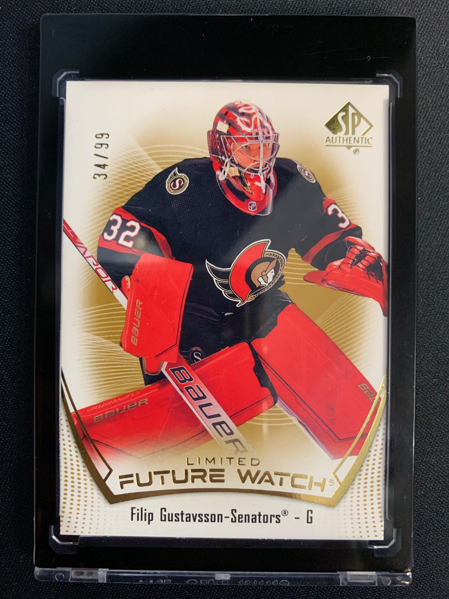 2021-22 UD SP AUTHENTIC HOCKEY #148 OTTAWA SENATORS - FILIP GUSTAVSSON GOLD FUTURE WATCH ROOKIE #'D 34/99