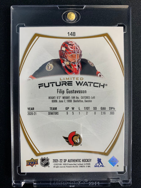 2021-22 UD SP AUTHENTIC HOCKEY #148 OTTAWA SENATORS - FILIP GUSTAVSSON GOLD FUTURE WATCH ROOKIE #'D 34/99