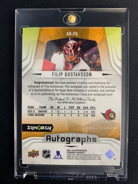 2021-22 UPPER DECK SYNERGY HOCKEY #AR-FG OTTAWA SENATORS - FILIP GUSTAVSSON SYNERGY ROOKIE AUTOGRAPH