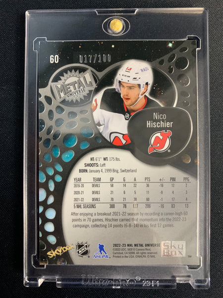 2022-23 UD SKYBOX METAL UNIVERSE HOCKEY #60 NEW JERSEY DEVILS - NICO HISCHIER RED PRECIOUS METAL GEMS #'D 017/100