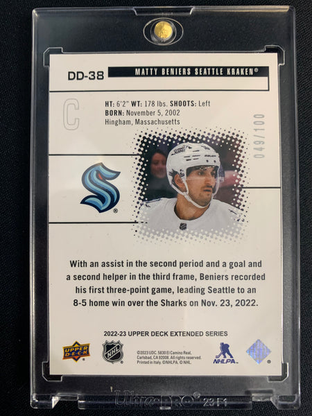 2022-23 UPPER DECK EXT HOCKEY #DD-38 SEATTLE KRAKEN - MATTY BENIERS DIAMOND DOMINANCE GREEN PARALLEL ROOKIE #'D 049/100