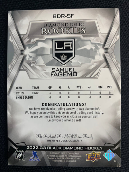 2022-23 UD BLACK DIAMOND HOCKEY #BDR-SF LOS ANGELES KINGS - SAMUEL FAGEMO DOUBLE DIAMOND RELIC ROOKIE #'D 85/99