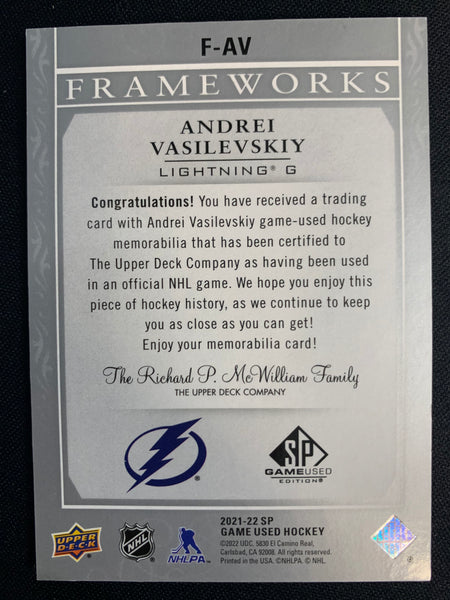 2021-22 UPPER DECK SP GAME USED HOCKEY #F-AV TAMPA BAY LIGHTNING - ANDREI VASILEVSKIY FRAMEWORKS GAME USED JERSEY