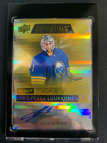 2021-22 UD CREDENTIALS HOCKEY #DTAA-UL BUFFALO SABRES - UKKO-PEKKA LUUKKONEN DEBUT TICKET GOLD ROOKIE AUTO #'D 082/125