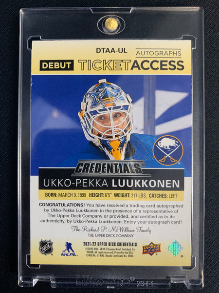 2021-22 UD CREDENTIALS HOCKEY #DTAA-UL BUFFALO SABRES - UKKO-PEKKA LUUKKONEN DEBUT TICKET GOLD ROOKIE AUTO #'D 082/125