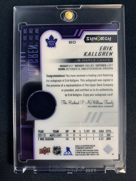 2022-23 UD SYNERGY HOCKEY #80 TORONTO MAPLE LEAFS - ERIK KALLGREN ROOKIE AUTOGRAPH #'D 63/99