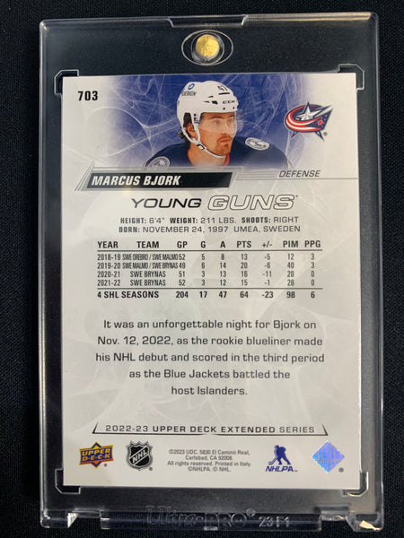 2022-23 UPPER DECK EXT HOCKEY #703 COLUMBUS BLUE JACKETS - MARCUS BJORK YOUNG GUNS EXCLUSIVE #'D 044/100