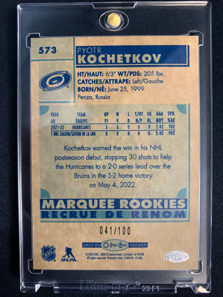 2022-23 UD O-PEE-CHEE HOCKEY #573 CAROLINA HURRICANES - PYOTR KOCHETKOV MARQUEE ROOKIES BLACK PARALLEL #'D 041/100