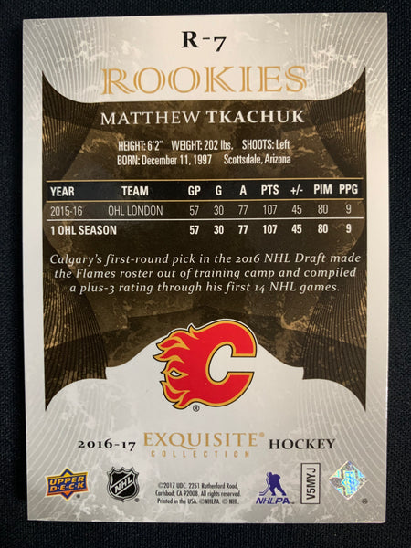 2016-17 UD EXQUISITE COLLECTION HOCKEY #R-7 CALGARY FLAMES - MATTHEW TKACHUK EXQUISITE ROOKIE #'D 093/299