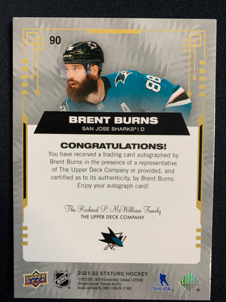 2021-22 UPPER DECK STATURE HOCKEY #90 SAN JOSE - BRENT BURNS AUTOGRAPH