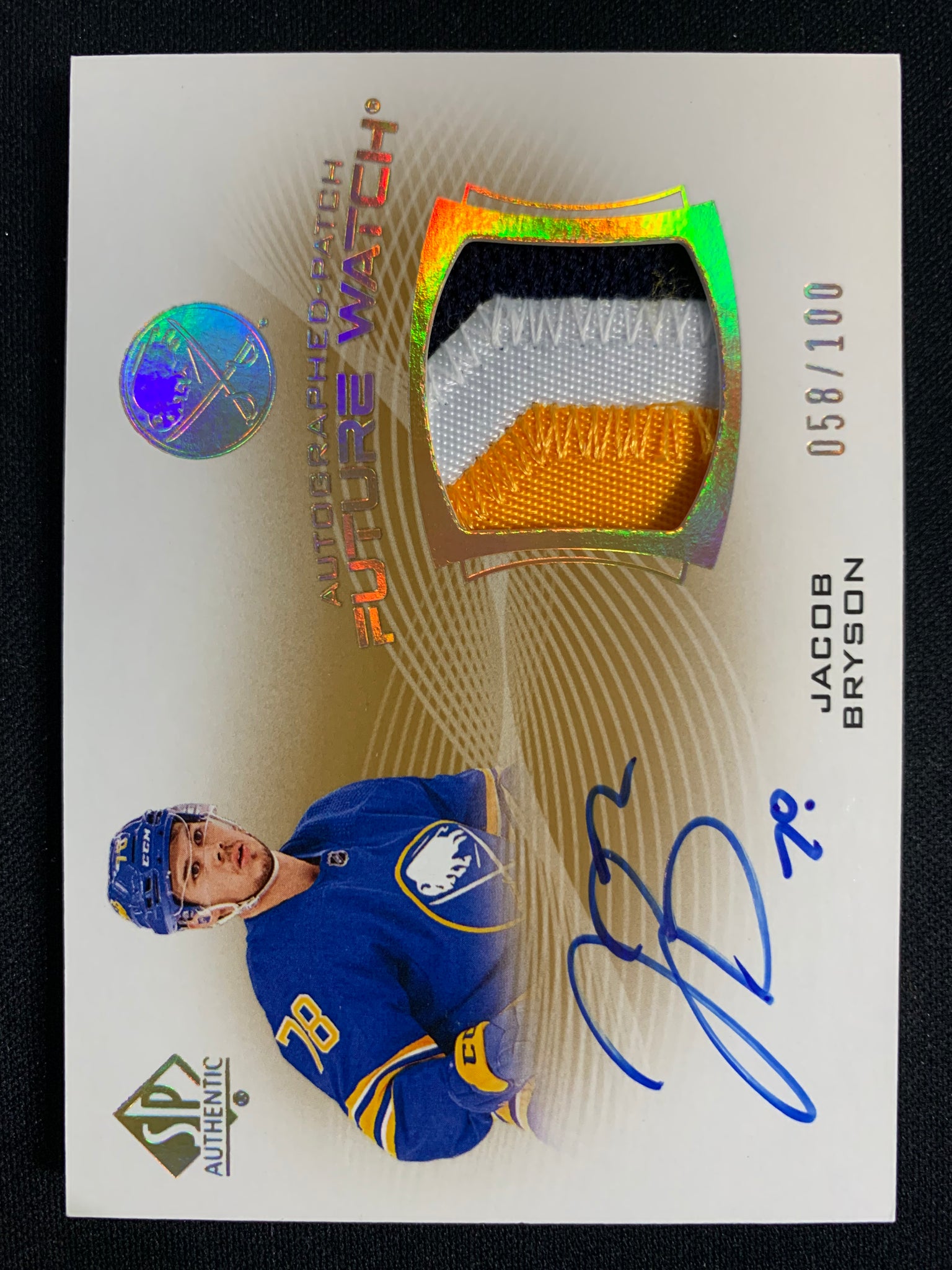 2021-22 UPPER DECK SP AUTHENTIC #FWAP-BR BUFFALO SABRES - JACOB BRYSON FUTURE WATCH ROOKIE AUTO PATCH #'D 058/100