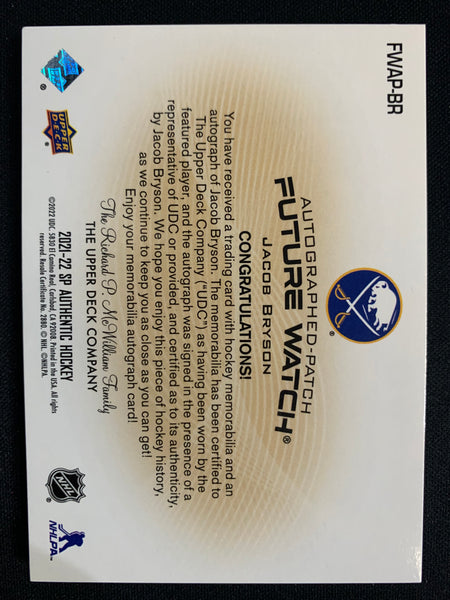 2021-22 UPPER DECK SP AUTHENTIC #FWAP-BR BUFFALO SABRES - JACOB BRYSON FUTURE WATCH ROOKIE AUTO PATCH #'D 058/100