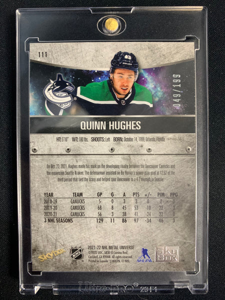 2021-22 UD SKYBOX METAL HOCKEY #111 VANCOUVER CANUCKS - QUINN HUGHES PURPLE PARALLEL #'D 049/199