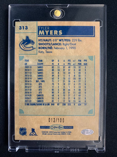 2022-23 UD O-PEE-CHEEHOCKEY #313 VANCOUVER CANUCKS - TYLER MYERS BLACK RETRO PARALLEL #'D 012/100