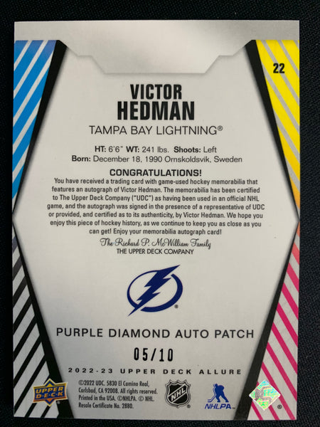 2022-23 UPPER DECK ALLURE HOCKEY #22 TAMPA BAY LIGHTNING - VICTOR HEDMAN PURPLE DIAMOND AUTO PATCH #'D 05/10