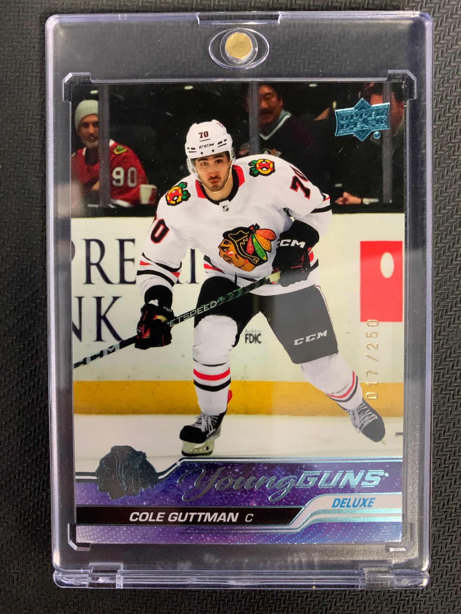 2023-24 UPPER DECK SERIES 1 HOCKEY #216 CHICAGO BLACKHAWKS - COLE GUTTMAN DELUXE YOUNG GUNS ROOKIE #'D 017/250