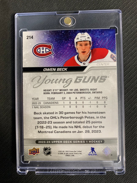 2023-24 UPPER DECK SERIES 1 HOCKEY #214 MONTREAL CANADIENS - OWEN BECK OUTBURST SILVER YOUNG GUNS ROOKIE