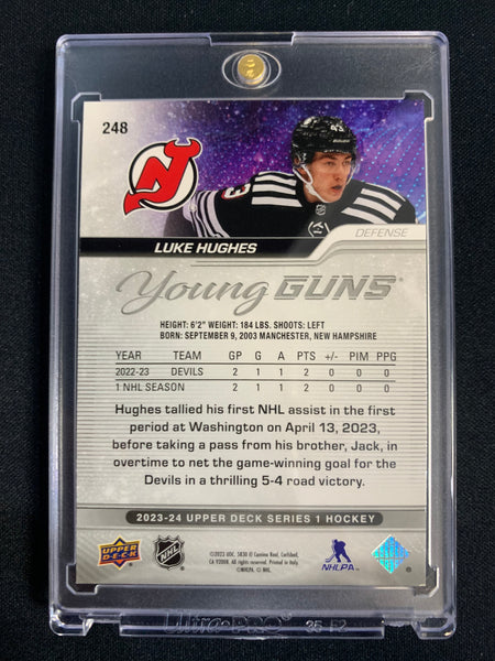 2023-24 UPPER DECK SERIES 1 HOCKEY #248 NEW JERSEY DEVILS - LUKE HUGHES YOUNG GUNS ROOKIE