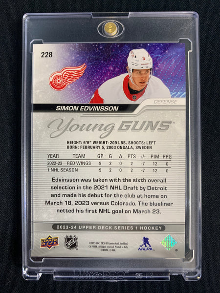 2023-24 UPPER DECK SERIES 1 HOCKEY #228 DETROIT RED WINGS - SIMON EDVINSSON YOUNG GUNS ROOKIE