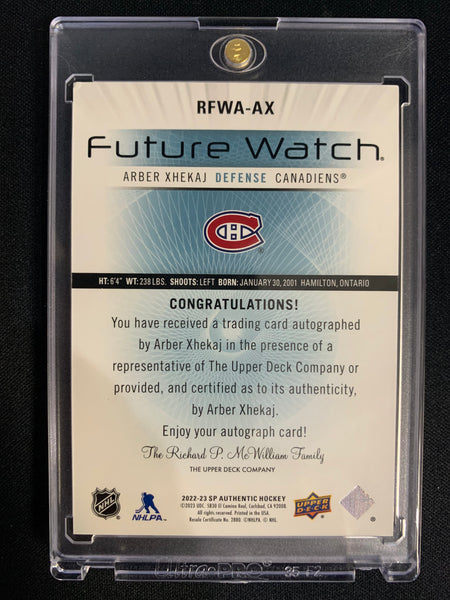 2022-23 UD SP AUTHENTIC HOCKEY #RFWA-AXMONTREAL CANADIENS - ARBER XHEKAJ RETRO FUTURE WATCH AUTO ROOKIE 257/699